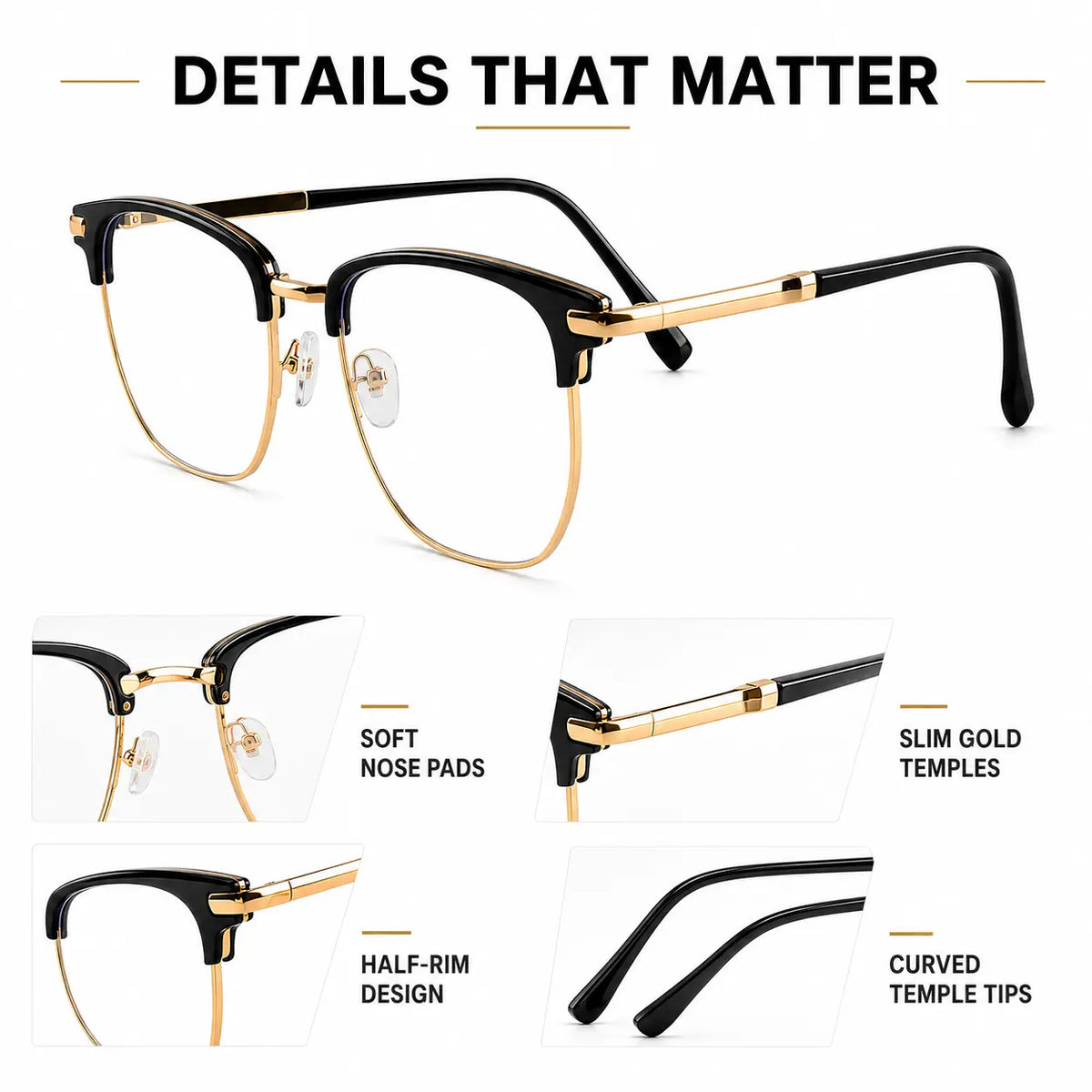 Unisex Black and Gold Half-Rimmed Blue Light Blocking Glasses - Lightweight Photochromic UV Protection Eyewear with Adaptive Lenses for Daily Use