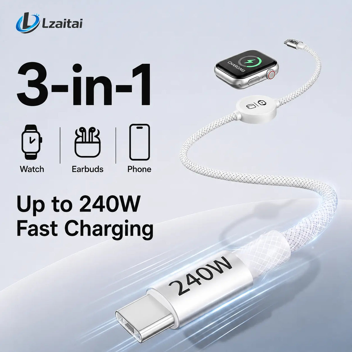 240W 3-In-1 USB Type-C Travel Charger with Integrated Magnetic Watch Charger and 5FT Braided USB-C Cable, Compatible with Smart Watches, Wireless Earbuds, iPhones, iPads, MacBooks, Samsung, and Android Devices