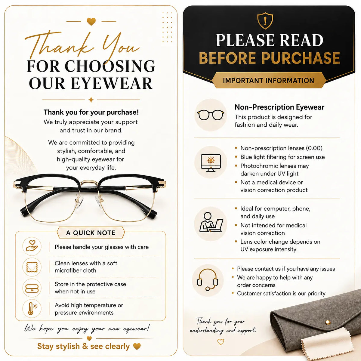 Unisex Black and Gold Half-Rimmed Blue Light Blocking Glasses - Lightweight Photochromic UV Protection Eyewear with Adaptive Lenses for Daily Use