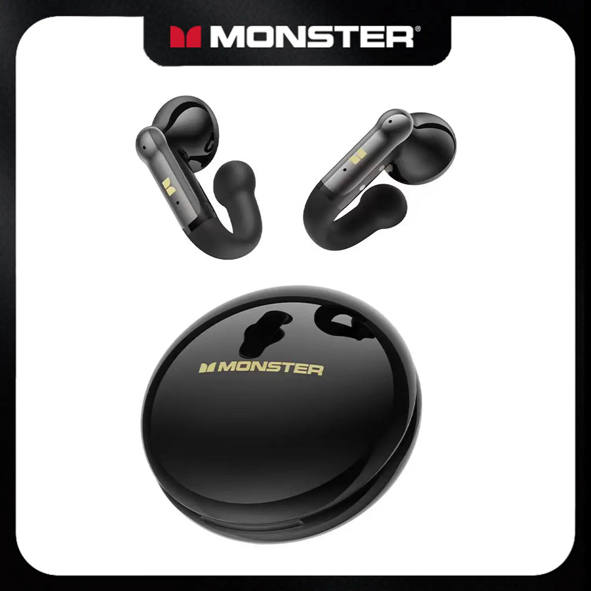 MONSTER Open Ear Clip-On Bluetooth 6.0 Wireless Earbuds - Lightweight J-Shaped Design, Enhanced Noise Cancellation, 165 Hours Playtime, Water-Resistant Sports Headphones for Running and Everyday Use