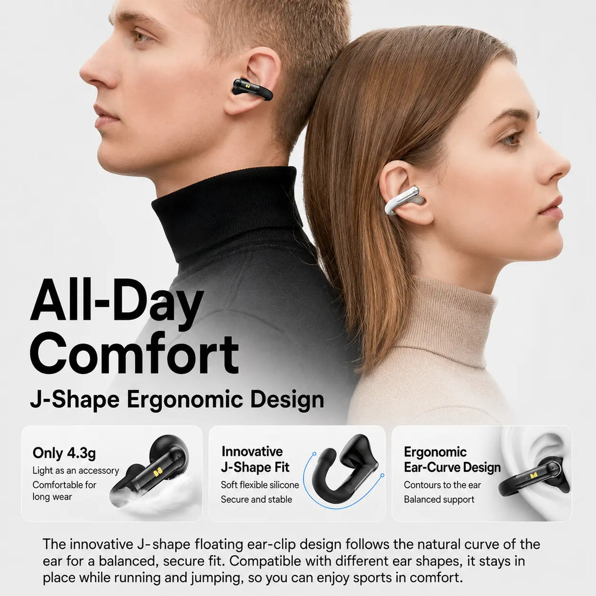 MONSTER Open Ear Clip-On Bluetooth 6.0 Wireless Earbuds - Lightweight J-Shaped Design, Enhanced Noise Cancellation, 165 Hours Playtime, Water-Resistant Sports Headphones for Running and Everyday Use