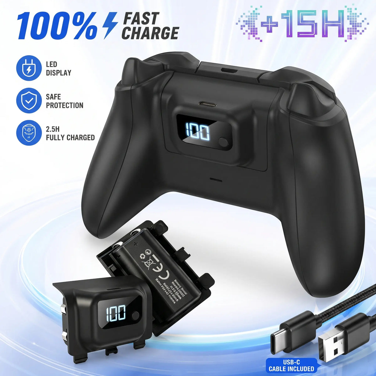 Tuodes 15-Hour High-Capacity Battery Pack for Xbox Series X Controller with 1200mAh and USB Cable for Optimized Gaming on Xbox Series S