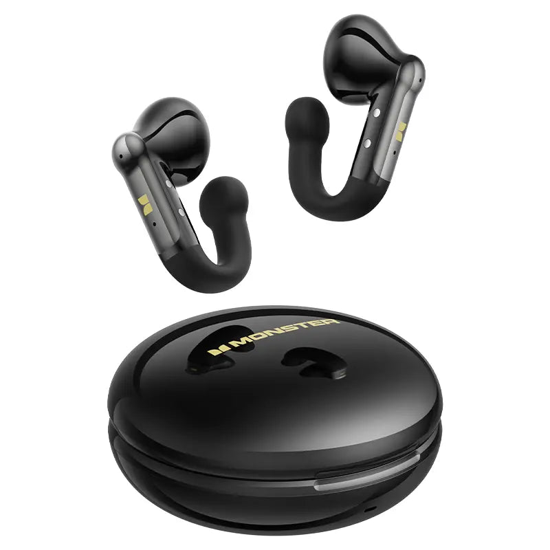 MONSTER Open Ear Clip-On Bluetooth 6.0 Wireless Earbuds - Lightweight J-Shaped Design, Enhanced Noise Cancellation, 165 Hours Playtime, Water-Resistant Sports Headphones for Running and Everyday Use