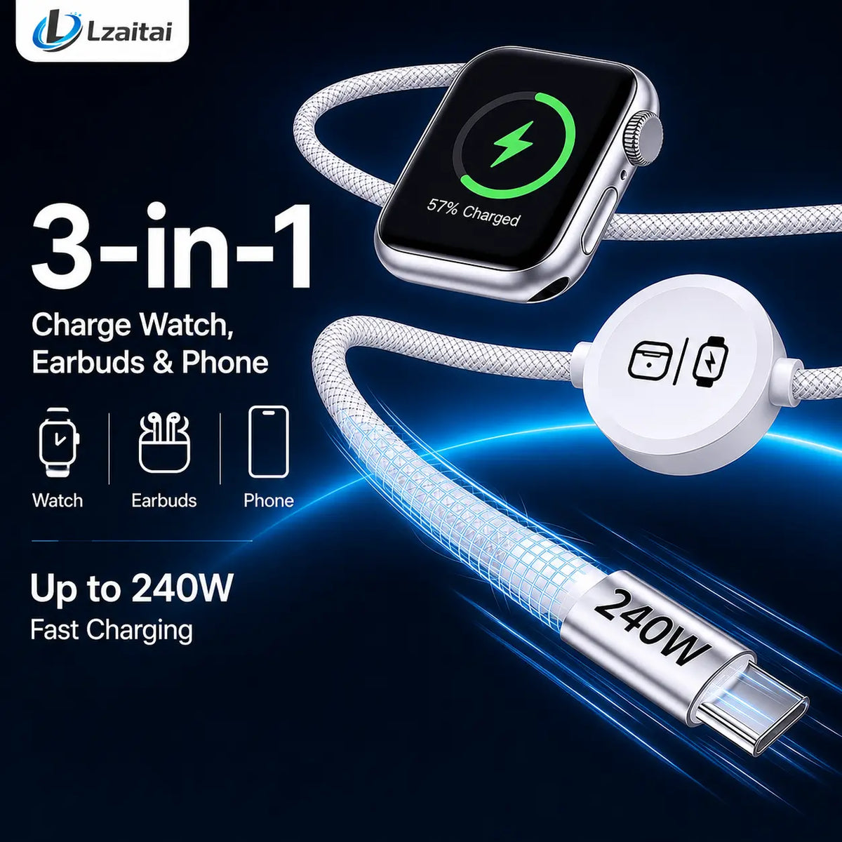 240W 3-In-1 USB Type-C Travel Charger with Integrated Magnetic Watch Charger and 5FT Braided USB-C Cable, Compatible with Smart Watches, Wireless Earbuds, iPhones, iPads, MacBooks, Samsung, and Android Devices