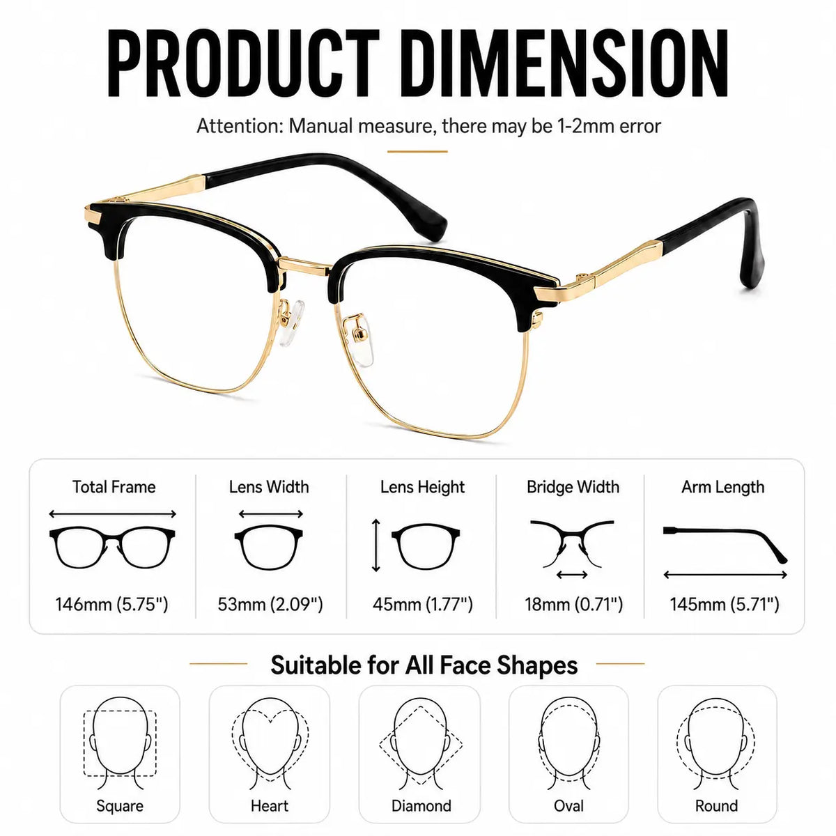 Unisex Black and Gold Half-Rimmed Blue Light Blocking Glasses - Lightweight Photochromic UV Protection Eyewear with Adaptive Lenses for Daily Use