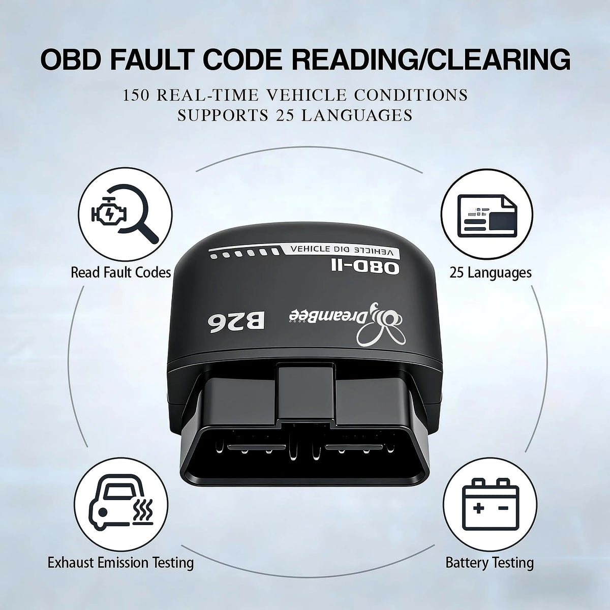 Dreambee B26 Mini Compact Handheld Wireless Bluetooth 5.1 OBD2 Scanner for 12V Gasoline Vehicles - Plug-and-Play Car Diagnostic Tool for iOS & Android, Multilingual Support, Real-Time Data, Code Reading/Clearing for Routine Maintenance