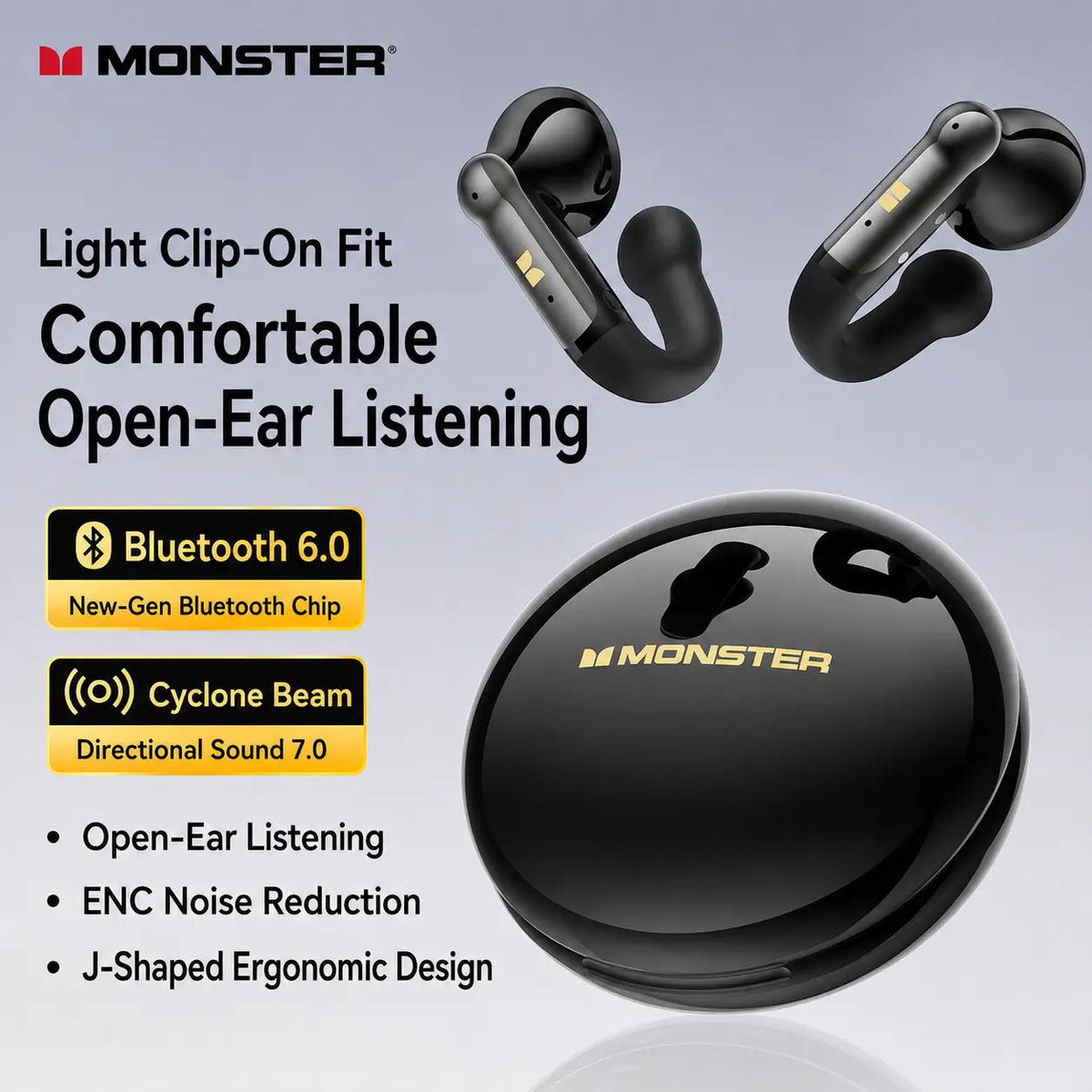MONSTER Open Ear Clip-On Bluetooth 6.0 Wireless Earbuds - Lightweight J-Shaped Design, Enhanced Noise Cancellation, 165 Hours Playtime, Water-Resistant Sports Headphones for Running and Everyday Use
