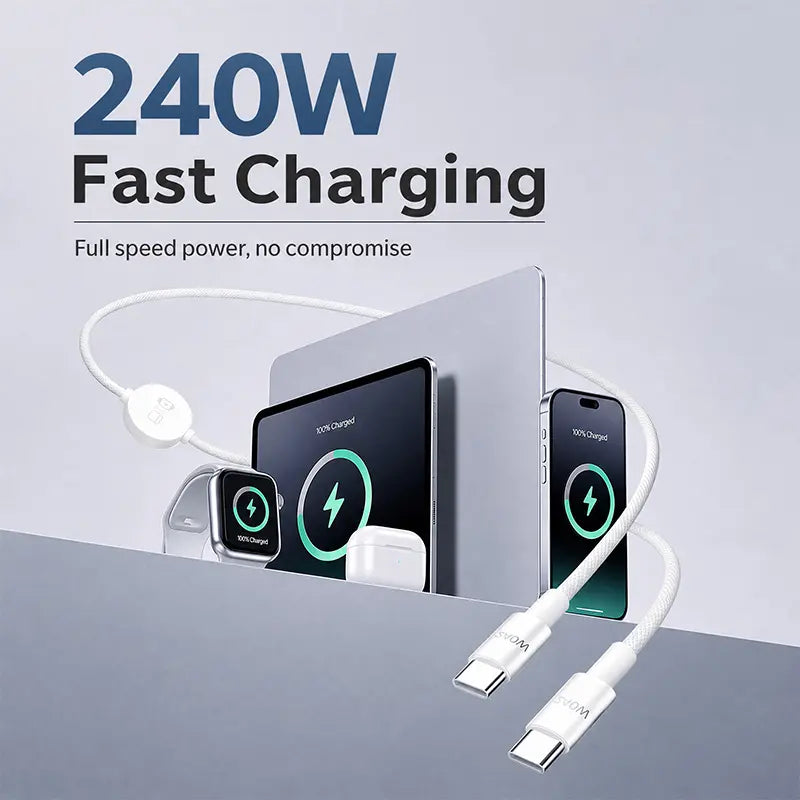 240W 3-In-1 USB Type-C Travel Charger with Integrated Magnetic Watch Charger and 5FT Braided USB-C Cable, Compatible with Smart Watches, Wireless Earbuds, iPhones, iPads, MacBooks, Samsung, and Android Devices