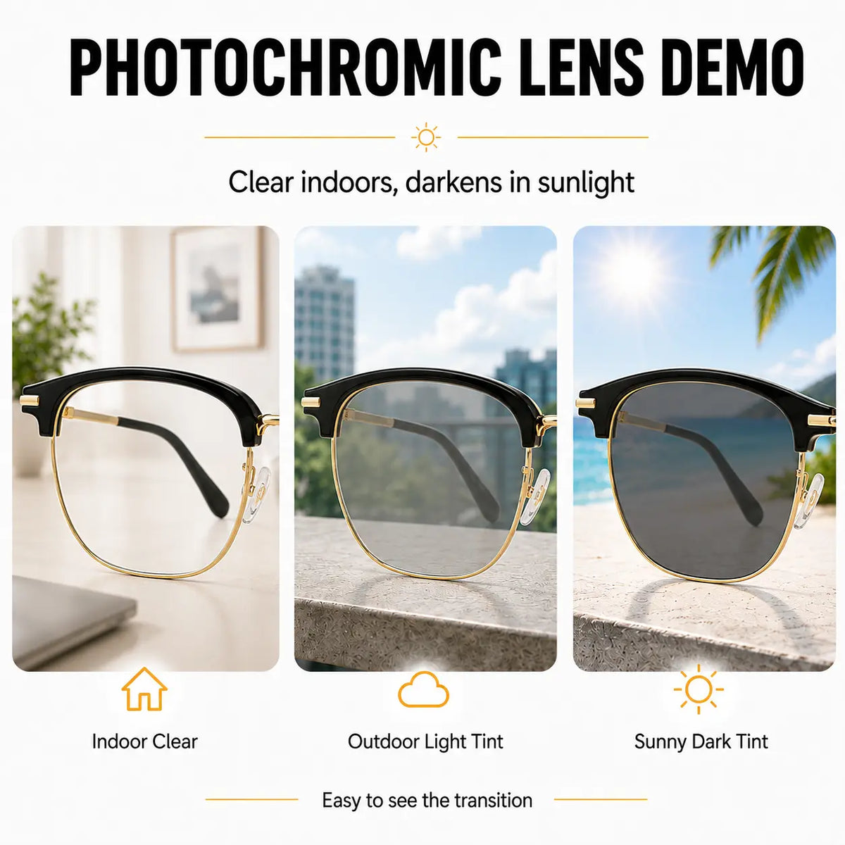 Unisex Black and Gold Half-Rimmed Blue Light Blocking Glasses - Lightweight Photochromic UV Protection Eyewear with Adaptive Lenses for Daily Use