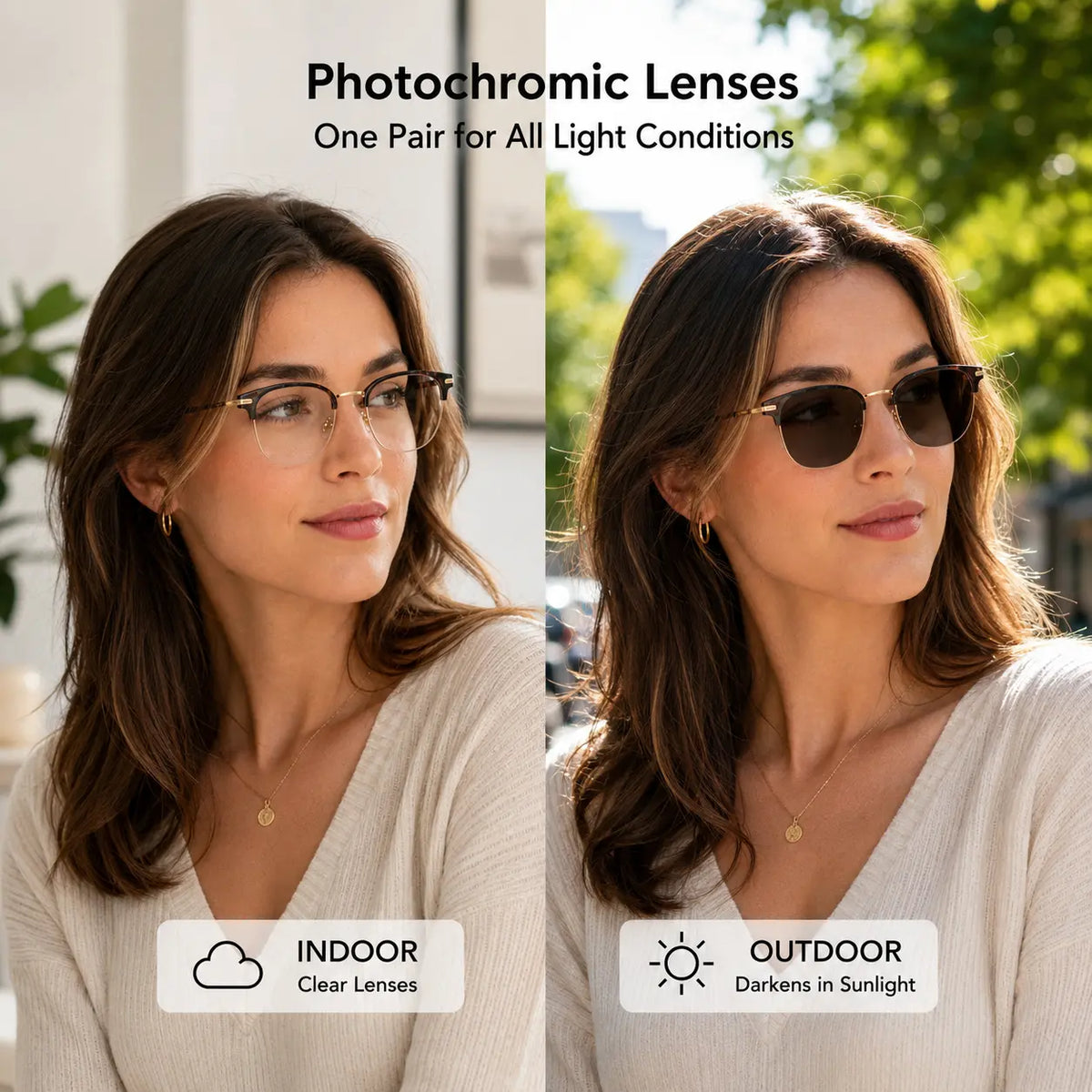Unisex Black and Gold Half-Rimmed Blue Light Blocking Glasses - Lightweight Photochromic UV Protection Eyewear with Adaptive Lenses for Daily Use