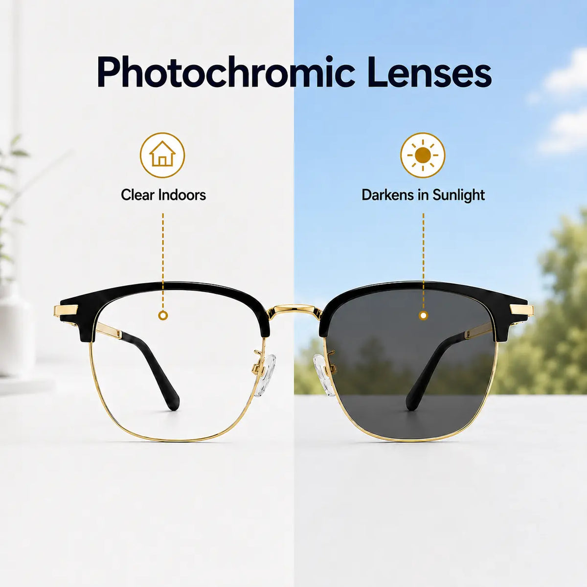 Unisex Black and Gold Half-Rimmed Blue Light Blocking Glasses - Lightweight Photochromic UV Protection Eyewear with Adaptive Lenses for Daily Use