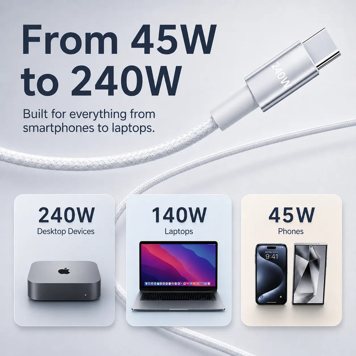 240W 3-In-1 USB Type-C Travel Charger with Integrated Magnetic Watch Charger and 5FT Braided USB-C Cable, Compatible with Smart Watches, Wireless Earbuds, iPhones, iPads, MacBooks, Samsung, and Android Devices