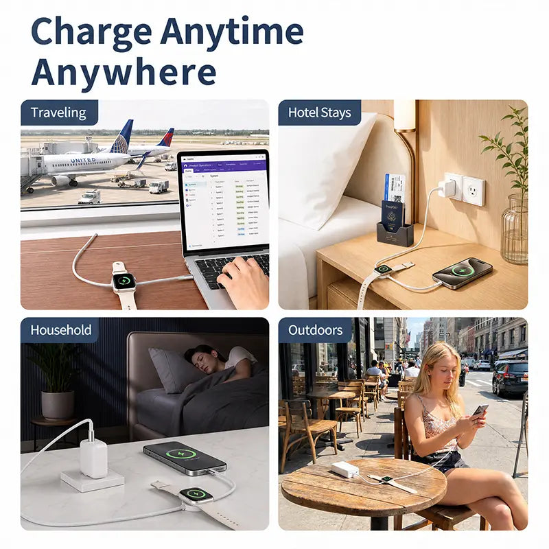 240W 3-In-1 USB Type-C Travel Charger with Integrated Magnetic Watch Charger and 5FT Braided USB-C Cable, Compatible with Smart Watches, Wireless Earbuds, iPhones, iPads, MacBooks, Samsung, and Android Devices