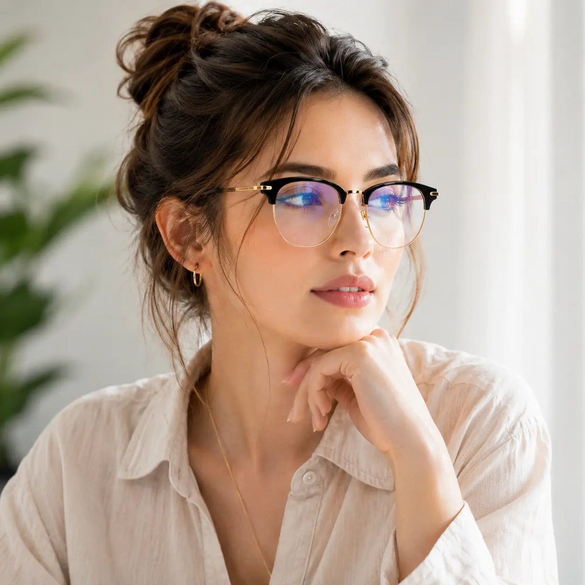 Unisex Black and Gold Half-Rimmed Blue Light Blocking Glasses - Lightweight Photochromic UV Protection Eyewear with Adaptive Lenses for Daily Use