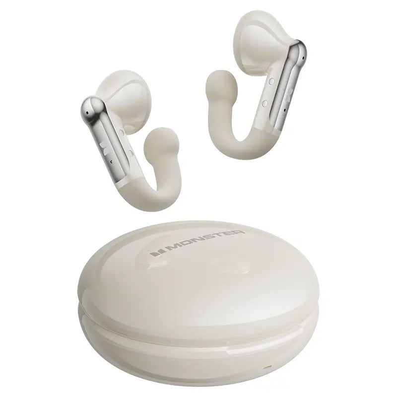 MONSTER Open Ear Clip-On Bluetooth 6.0 Wireless Earbuds - Lightweight J-Shaped Design, Enhanced Noise Cancellation, 165 Hours Playtime, Water-Resistant Sports Headphones for Running and Everyday Use