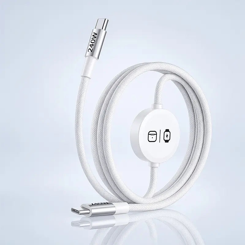 240W 3-In-1 USB Type-C Travel Charger with Integrated Magnetic Watch Charger and 5FT Braided USB-C Cable, Compatible with Smart Watches, Wireless Earbuds, iPhones, iPads, MacBooks, Samsung, and Android Devices