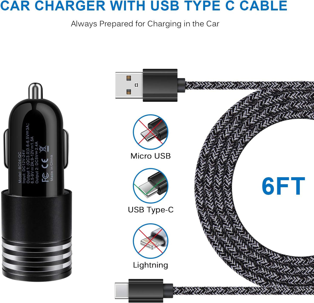 Type C Charger Fast Charger for Samsung Galaxy S26 S25 S24 S23 S22 S21 Z Fold7 A57 A37 A17 A56 A36 A26 A16 A55 A35 A25 A15 A54 A14 A53 A13,Quick Charge 3.0 Car Charger Wall Adapter+3Ft 6FT USB C Cable