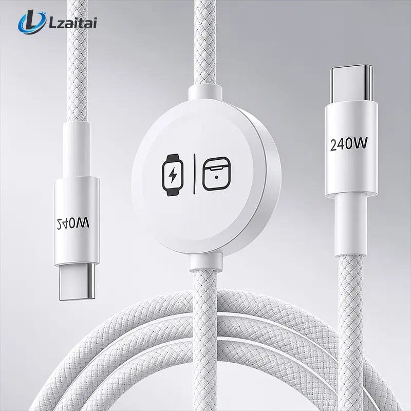 240W 3-In-1 USB Type-C Travel Charger with Integrated Magnetic Watch Charger and 5FT Braided USB-C Cable, Compatible with Smart Watches, Wireless Earbuds, iPhones, iPads, MacBooks, Samsung, and Android Devices