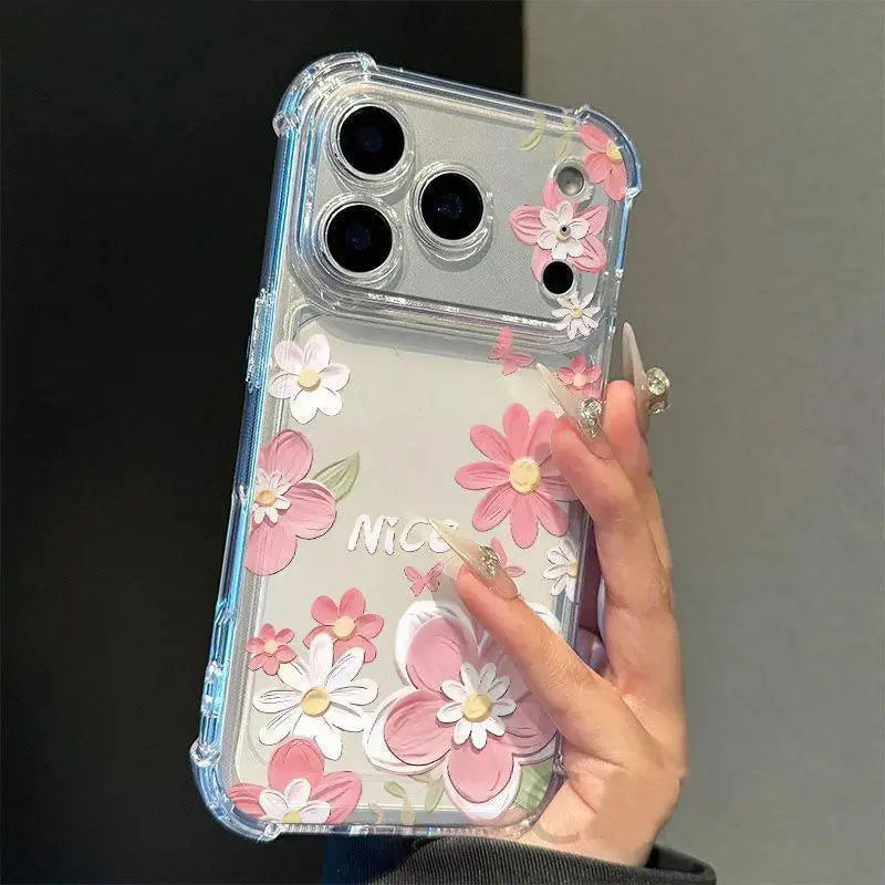 Full-Screen Floral Pattern Phone Case for iPhone 17, 16, 15, 14, 13, 12, Pro Max, and Plus - Transparent Non-Yellowing Shockproof Soft Silicone Cover with Airbag Protection