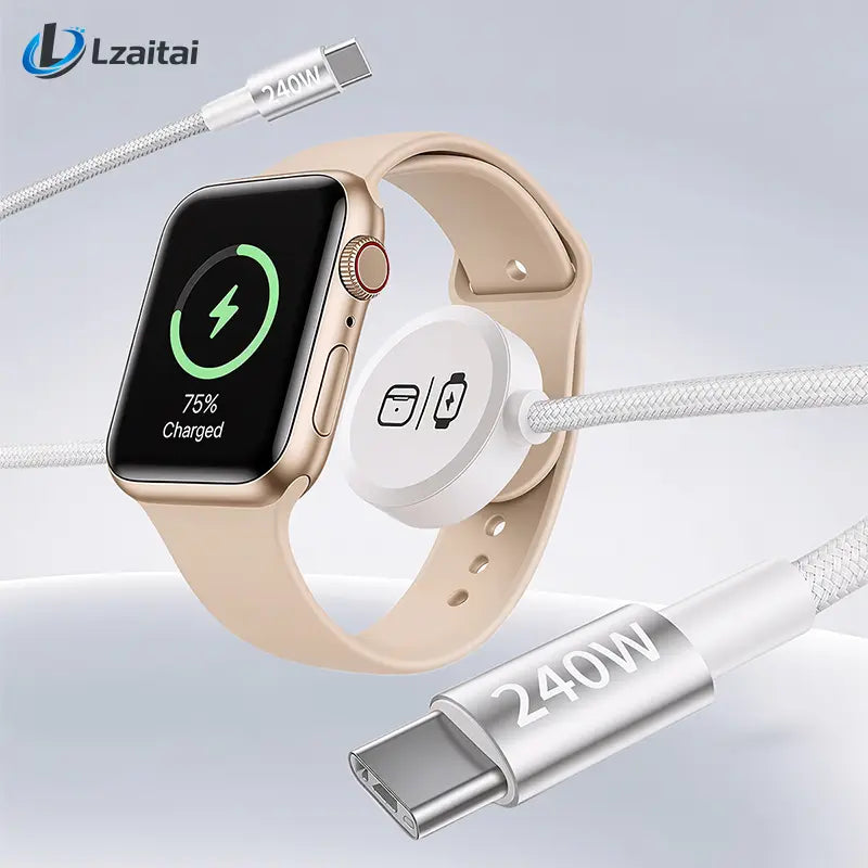 240W 3-In-1 USB Type-C Travel Charger with Integrated Magnetic Watch Charger and 5FT Braided USB-C Cable, Compatible with Smart Watches, Wireless Earbuds, iPhones, iPads, MacBooks, Samsung, and Android Devices