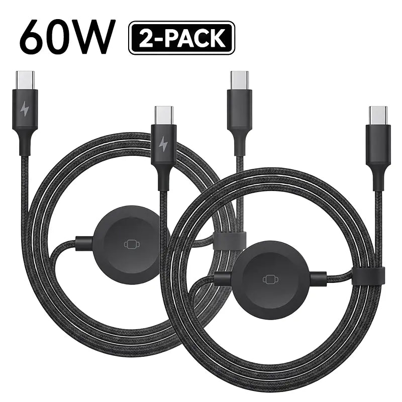 240W 3-In-1 USB Type-C Travel Charger with Integrated Magnetic Watch Charger and 5FT Braided USB-C Cable, Compatible with Smart Watches, Wireless Earbuds, iPhones, iPads, MacBooks, Samsung, and Android Devices