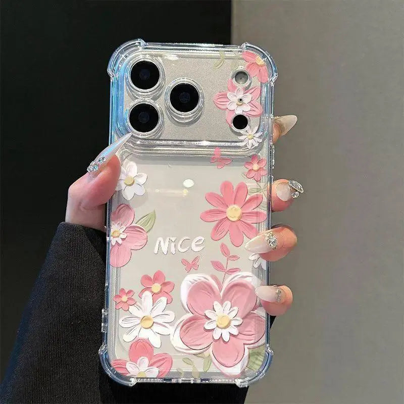 Full-Screen Floral Pattern Phone Case for iPhone 17, 16, 15, 14, 13, 12, Pro Max, and Plus - Transparent Non-Yellowing Shockproof Soft Silicone Cover with Airbag Protection
