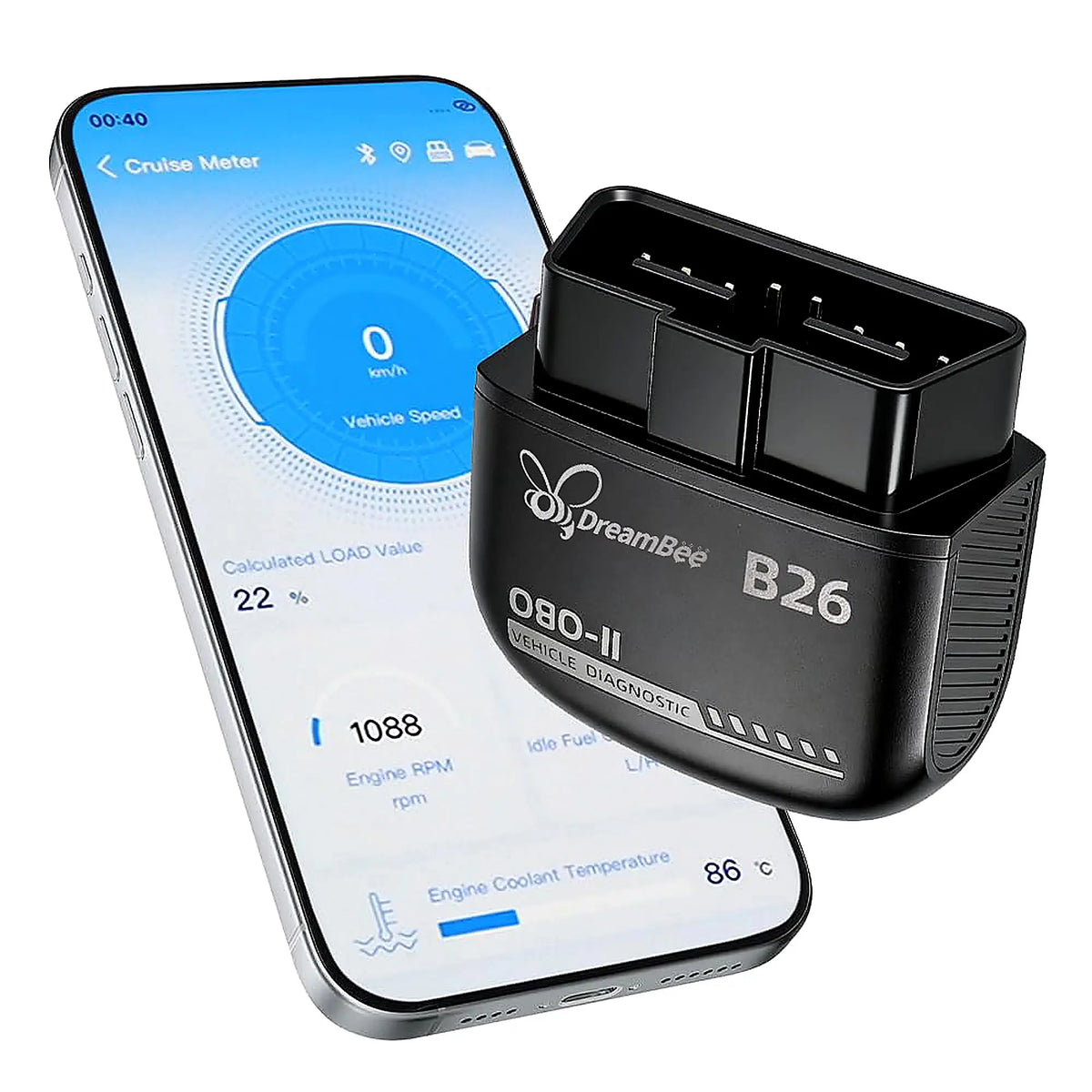 Dreambee B26 Mini Compact Handheld Wireless Bluetooth 5.1 OBD2 Scanner for 12V Gasoline Vehicles - Plug-and-Play Car Diagnostic Tool for iOS & Android, Multilingual Support, Real-Time Data, Code Reading/Clearing for Routine Maintenance