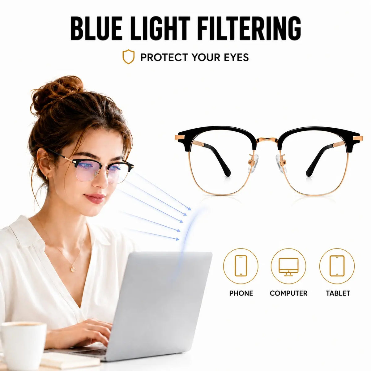 Unisex Black and Gold Half-Rimmed Blue Light Blocking Glasses - Lightweight Photochromic UV Protection Eyewear with Adaptive Lenses for Daily Use