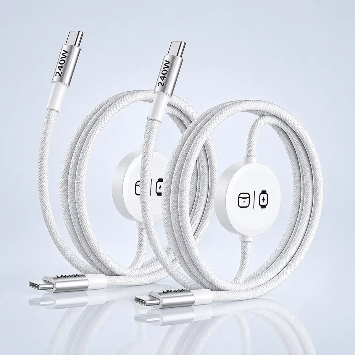 240W 3-In-1 USB Type-C Travel Charger with Integrated Magnetic Watch Charger and 5FT Braided USB-C Cable, Compatible with Smart Watches, Wireless Earbuds, iPhones, iPads, MacBooks, Samsung, and Android Devices