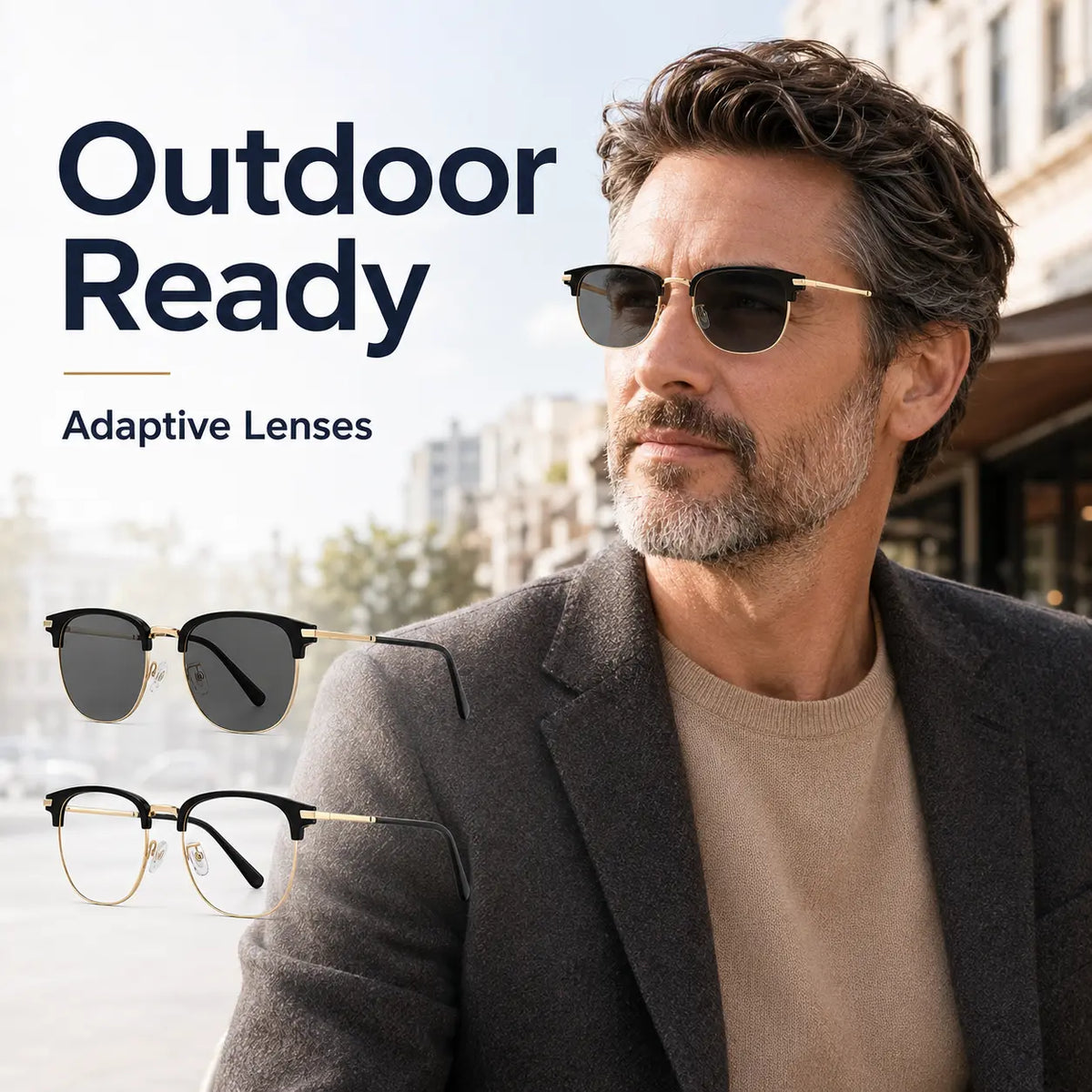 Unisex Black and Gold Half-Rimmed Blue Light Blocking Glasses - Lightweight Photochromic UV Protection Eyewear with Adaptive Lenses for Daily Use