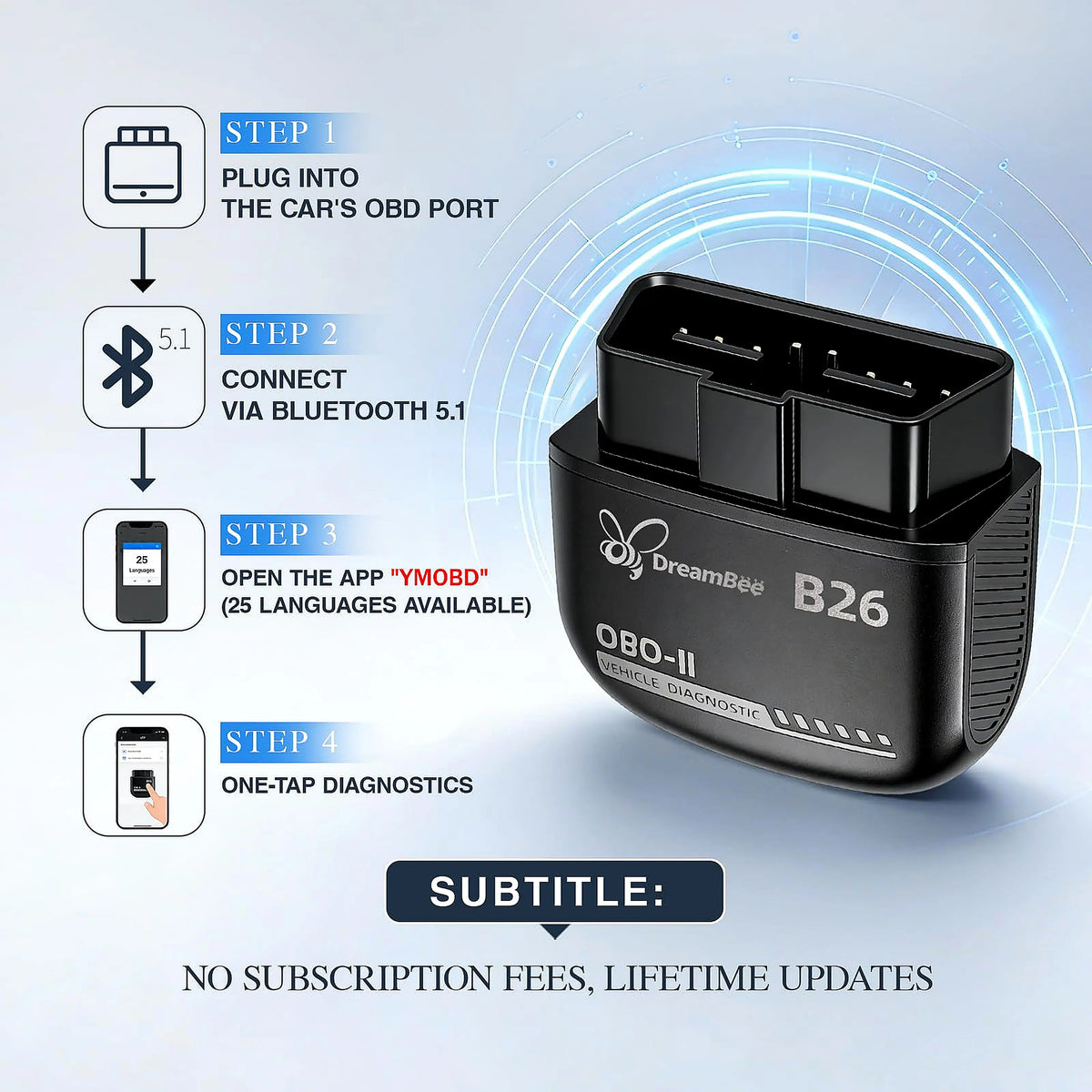 Dreambee B26 Mini Compact Handheld Wireless Bluetooth 5.1 OBD2 Scanner for 12V Gasoline Vehicles - Plug-and-Play Car Diagnostic Tool for iOS & Android, Multilingual Support, Real-Time Data, Code Reading/Clearing for Routine Maintenance