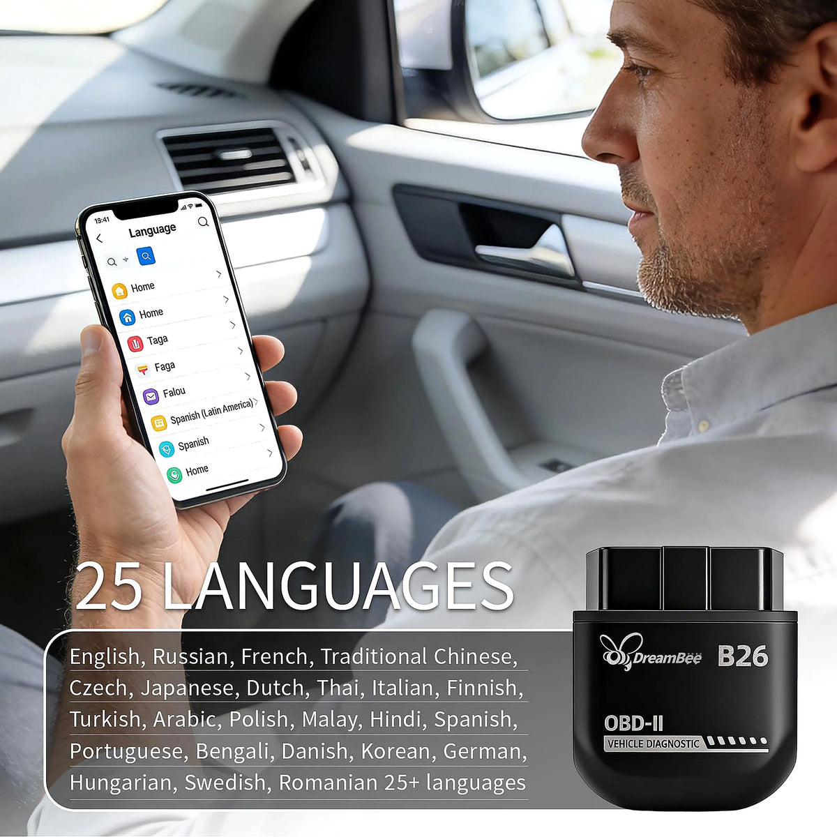 Dreambee B26 Mini Compact Handheld Wireless Bluetooth 5.1 OBD2 Scanner for 12V Gasoline Vehicles - Plug-and-Play Car Diagnostic Tool for iOS & Android, Multilingual Support, Real-Time Data, Code Reading/Clearing for Routine Maintenance
